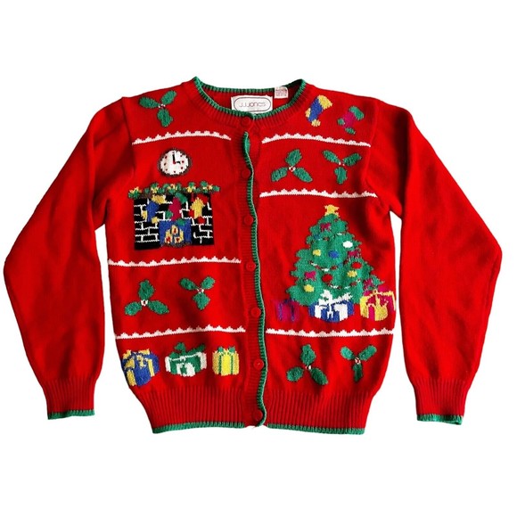 Vtg JJ Jones Ugly Christmas Party Sweater Knit Red Tree Stockings Presents Sz S - Picture 1 of 10